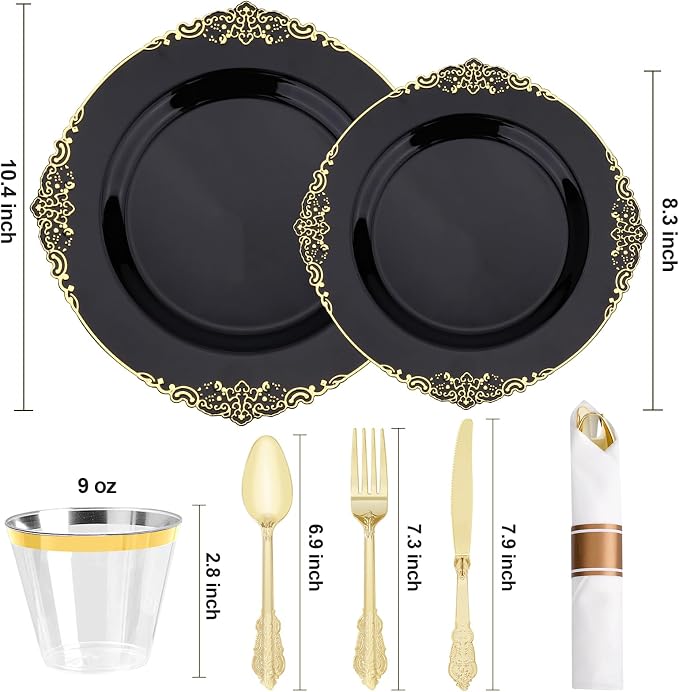 Realluck 350 PCS Black and Gold Plastic Plates, Plastic Dinnerware Set for 50 Guests, 100 Disposable Plates, 150 Silverwares, 50 Cups, 50 Napkins for Party, Wedding, Graduation