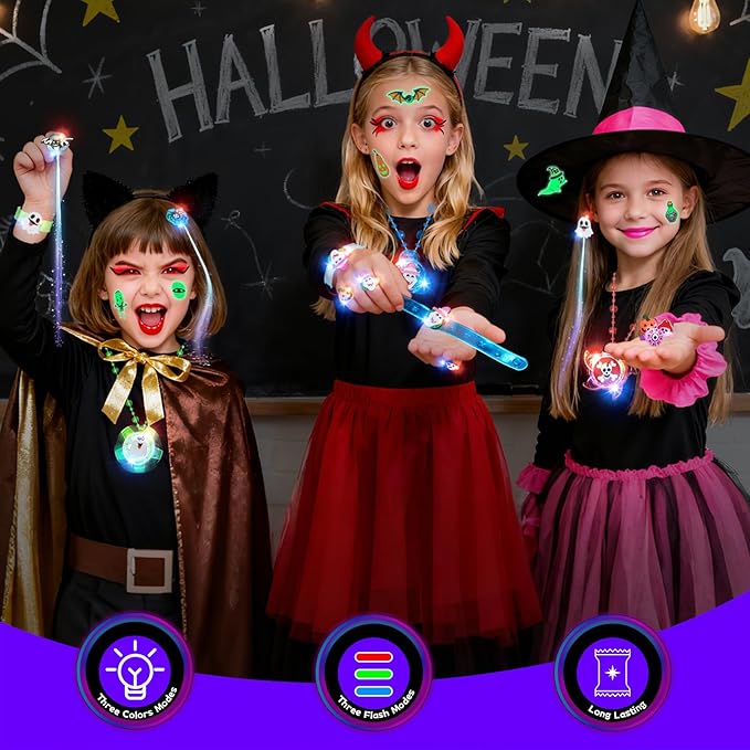 ShyLizard 100Pcs Halloween Party Favors for Kids-Halloween Glow in the Dark Party Supplies,Halloween Light Up Necklace Flash Rings,Non-Candy Trick or Treat Goodie Bag Fillers,Classroom Favors Gifts