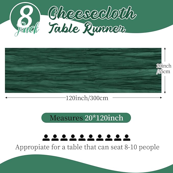 8 Pack Emerald Green Cheesecloth Table Runners 20x120 Inch Gauze Table Runner Cheese Cloth 10FT Green Table Runner Rustic Sheer Runner for Wedding Baby Shower Birthday Party Table Decor