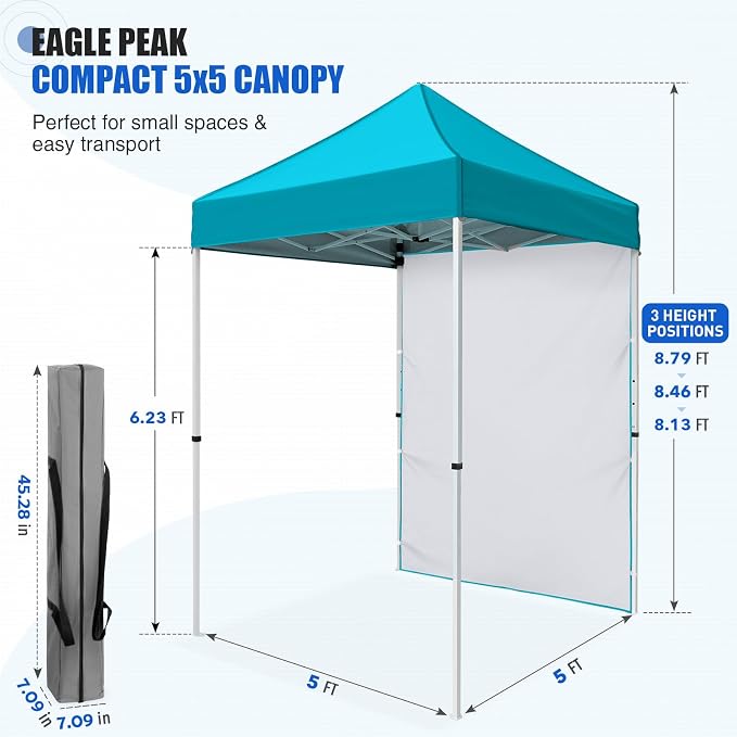 EAGLE PEAK Pop up Canopy 5x5, Outdoor Portable Canopy Tent with One Removable Sunwall, Carry Bag Included, Turquoise