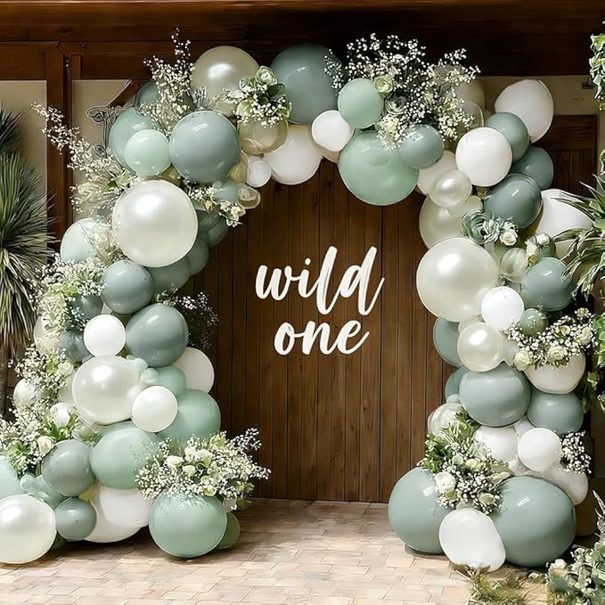Sage Green White Balloon Garland, Double Stuffed Dusty Green Sand White Pearl Balloons Pastel Balloon Arch Kit for Baby Shower Birthday Bridal Wedding Gender Reveal Graduation Party Decorations
