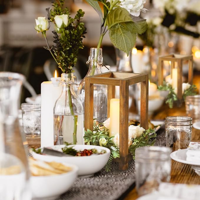 12Pcs Wooden Lanterns Wedding Centerpiece for Decorative, Rustic Candle Holder Decorative for Wedding Party, Flameless Candle Lantern for Valentine Wedding Table Decor