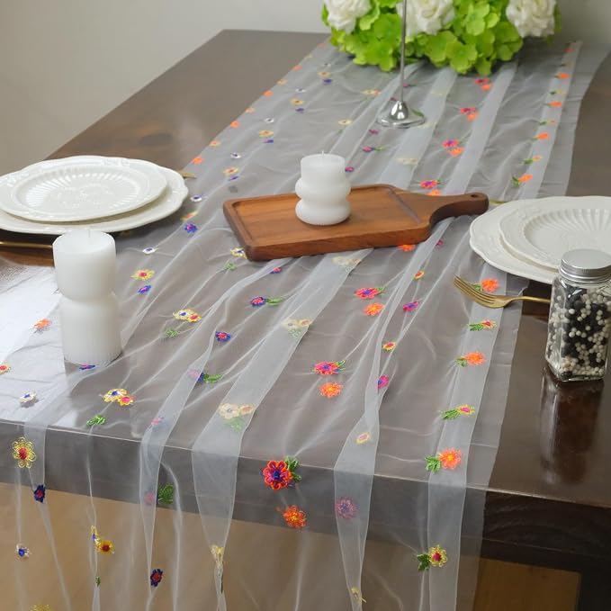 Set of 1 Flower Table Runner 10ft, 29 * 120 Inch White Table Cloth Sheer Tulle Table Cover,Embroidery Daisy Table Runner for Wedding Party Baby Shower Birthday Home Decor