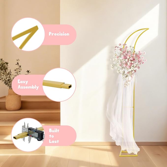 Metal Arch Backdrop Stand, Gold Curved Top Wedding Arch Set of 2 (6.85 FT/6.5 FT) Half Moon Wedding Arches Frames for Ceremony, Baby Shower,Birthday Party, Anniversary Graduation Decorations