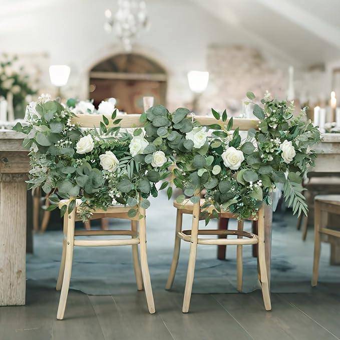 2 Pcs 5.9 Ft Artificial Eucalyptus Garland with Willow Leaves and Flowers Artificial Greenery Vines Fake Eucalyptus Flower Garland for Wedding Decoration Table Home Stairs Decor (2, White)