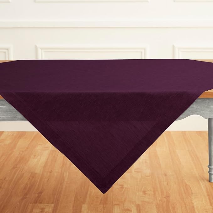 Solino Home Linen Tablecloth 52 x 52 Inch - 100% Pure Linen Square Table Throw - Athena, Machine Washable Chambray Burgundy Tablecloth