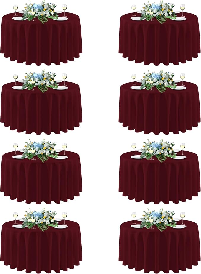 sancua 90 Inch Round Tablecloth, 8 Pack Burgundy - Circle Polyester Fabric Table Cloth for Christmas Party Reception Banquet Birthday, Washable Formal Table Cover (Fit 30-72 Inch Tables)