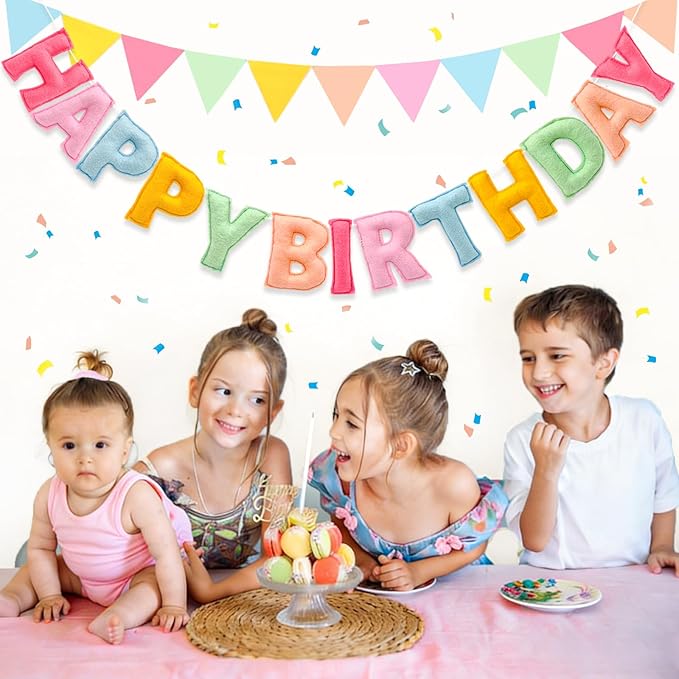 Pre-Strung 3D Pastel Felt Happy Birthday Banner, Handmade Macaron Color Birthday Garland for Party Decorations, Reusable Happy Birthday Sign for Kids Party Supplies Girls Women Rainbow Party Décor