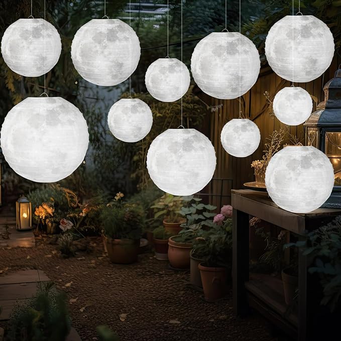 Baquler 12 Pcs 12" Back to School Moon Lanterns Classroom Ceiling Hanging Decoration Space Moon Party Birthday Decorations Decorative Grey Hanging Ball Paper Lanterns for Room Classroom Party