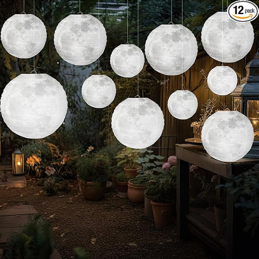 Baquler 12 Pcs 12" Moon Paper Lanterns Ceiling Hanging Decor LED Outer Space Moon Party Decorations Hanging Ball Lanterns Round for Room Classroom Birthday Wedding Anniversary Party