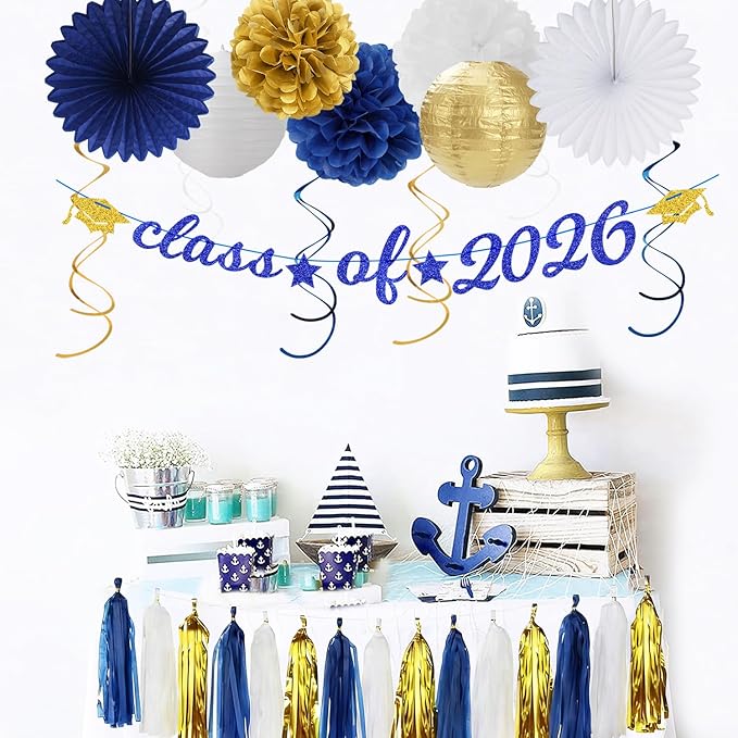Navy-Blue White Gold Graduation Party-Decorations Garland - 31pcs Congrats Grad Class 2026 Banner,Hat Hanging Streamers,College High School Congratulations Masters Classroom Backdrop Decor Burgleda