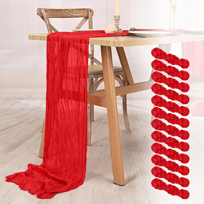 12 Pack Red Cheesecloth Table Runner 10FT Boho Gauze Cheese Cloth Table Runner Rustic Sheer Fabric Table Runners for Wedding Bridal Shower Baby Shower Party(21.5×120 Inch)
