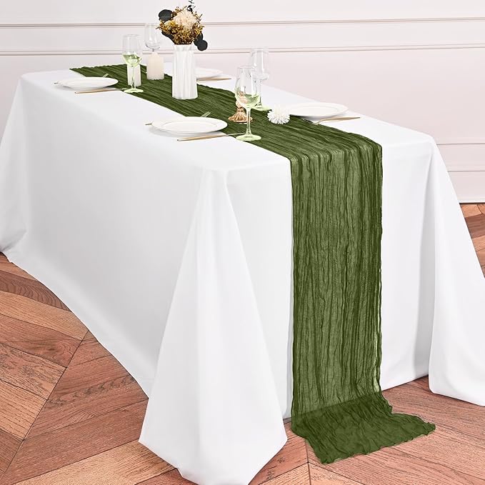12 Pack Olive Green Table Runner 10Ft Cheesecloth Table Runner Rustic Gauze Table Runners Romantic Long Sheer Fabric Cheese Cloth Table Runners for Wedding Party Bridal Baby Shower