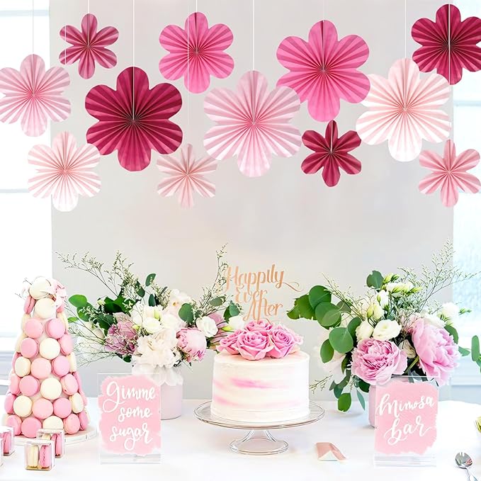 BestoFun 12 PCS Paper Flowers Fans Hot Pink Party Decorations Paper Flowers Decorations for Wall Girl Groovy Birthday Baby Shower Wedding Bachelorette Room Hanging Décor