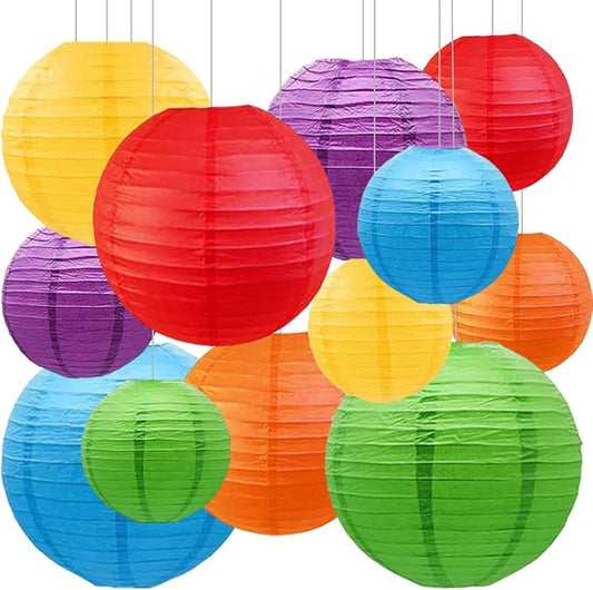 Colourful Paper Lanterns,12pcs Rainbow Hanging Round Paper Lamps for Classroom,Birthday,Baby Shower,Wedding,Party and Ceiling Decoration