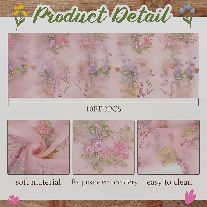 Pink Floral Table Runner 10ft Embroidery Tulle Spring Wildflower Table Runner Seasonal Summer Butterfly Kitchen Dining Gauze Decoration for Wedding Baby Shower Birthday Party (3 Pcs)