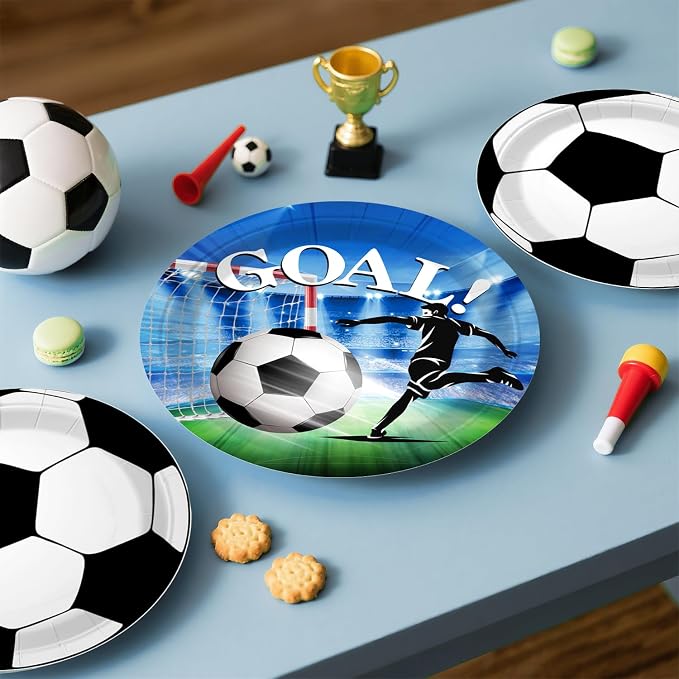 Soccer Birthday Party Decorations, All-in-1 Supplies Pack, Includes Plates and Napkins, Backdrop, Tablecloth, Balloon Kit for Blue Soccer Theme Party Decorations