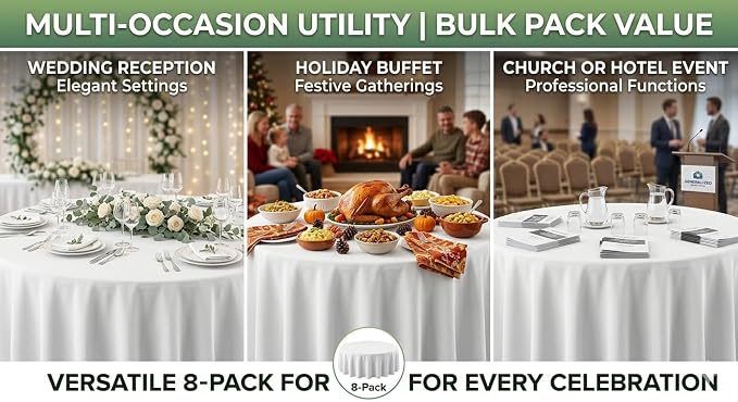 90 Inch Round White Tablecloth 8 Pack, Premium Soft Touch & Elegant Drape, Wrinkle Free Lightweight Circular Table Cover, Washable & Micro-Waterproof for 5 Foot Tables, Wedding, Banquet