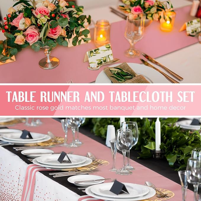 Tudomro 16 Pcs White and Rose Gold Disposable Plastic Tablecloths and Satin Table Runner Set 54x108 Inch Tablecloth 12x108 Inch Table Runners for New Year Wedding Birthday Baby Shower Graduation