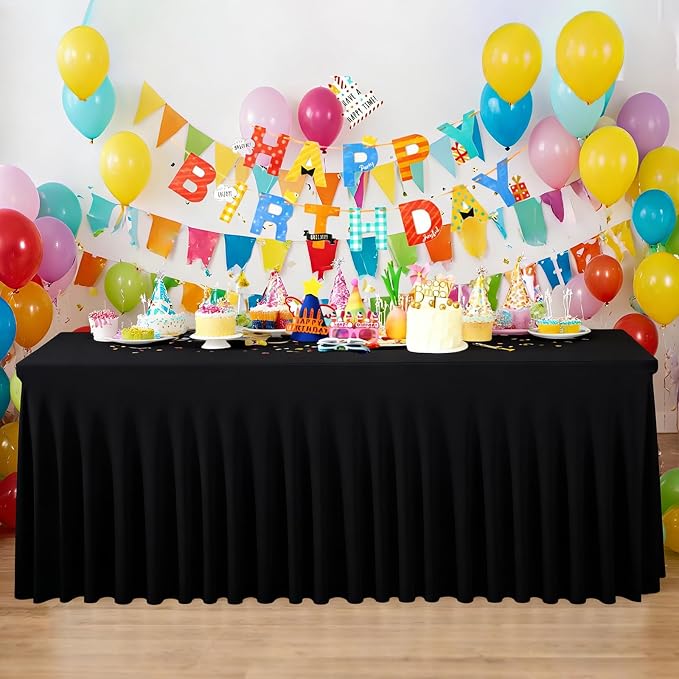 5 Pack Black Spandex Table Clothes for 6 Foot Rectangle Tables, Fitted Stretch Spandex Table Cover 6ft Black Tablecloths with Desk Skirt for Weddings Birthday Parties Banquet Baby Shower