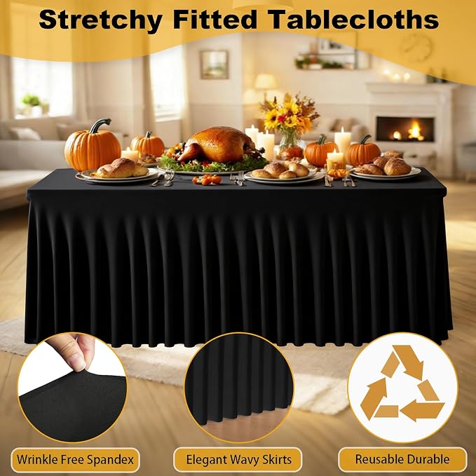 5 Pack Black Spandex Table Clothes for 6 Foot Rectangle Tables, Fitted Stretch Spandex Table Cover 6ft Black Tablecloths with Desk Skirt for Weddings Birthday Parties Banquet Baby Shower