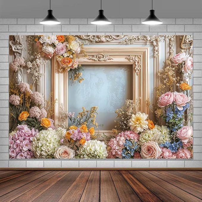 9X6ft Retro Wall Wedding Backdrops Frame Style Colorful Flowers Wall Background Medieval Building Photo Background for Mothers Day Bridal Baby Shower Birthday Girls Women Decoration Backdrop