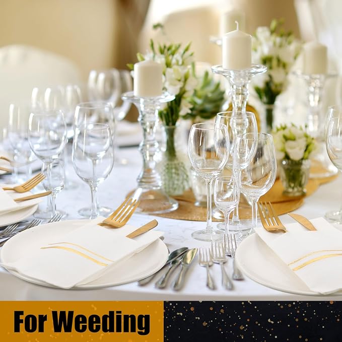 Roshtia 50 Pack Dinner Napkins Disposable Linen Feel Dinner Napkins with Built-in Flatware Pocket Gold Trim Lined Pre Folded Paper for Wedding Party (White,Gold)
