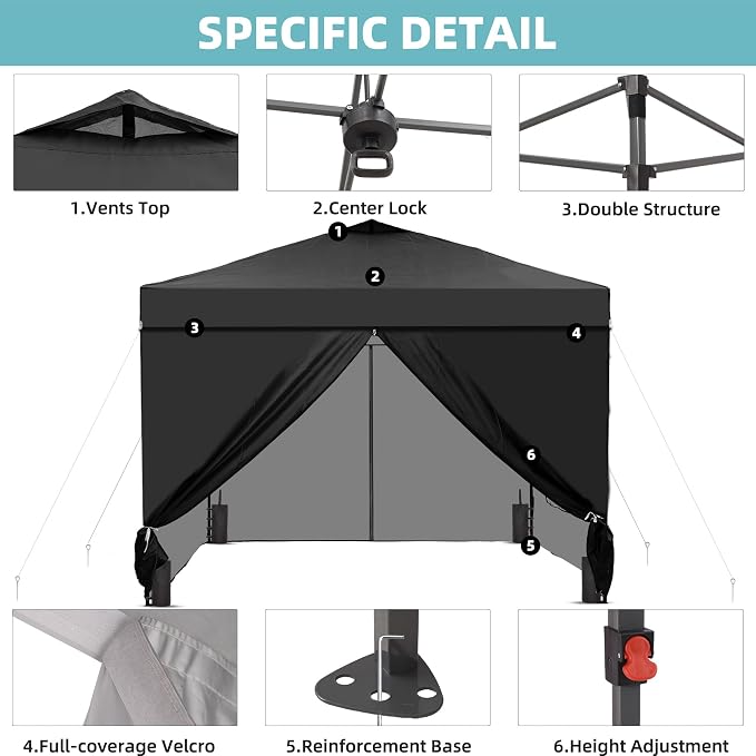 GDY 12x12ft Pop Up Canopy Tent with 4 Sidewalls, with Center Lock, 3-Level Height Adjustment, Wheeled Bag, for Gardens, Poolside, or Patio Lounge Spaces, Black