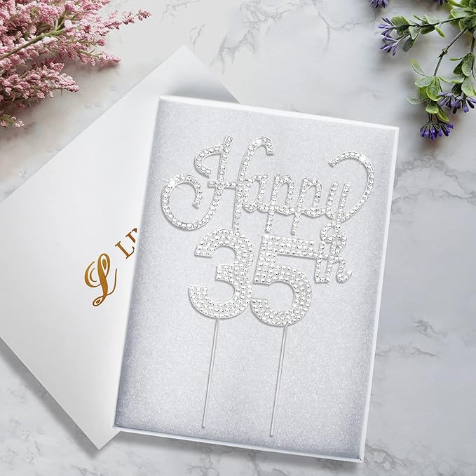 LINGTEER Happy 35th Birthday Silver Rhinestone Cake Topper - Cheers to 35th Birthday 35 Years Old Anniversary Party Cake Centerpieces Topper Decorations Gift Sign.