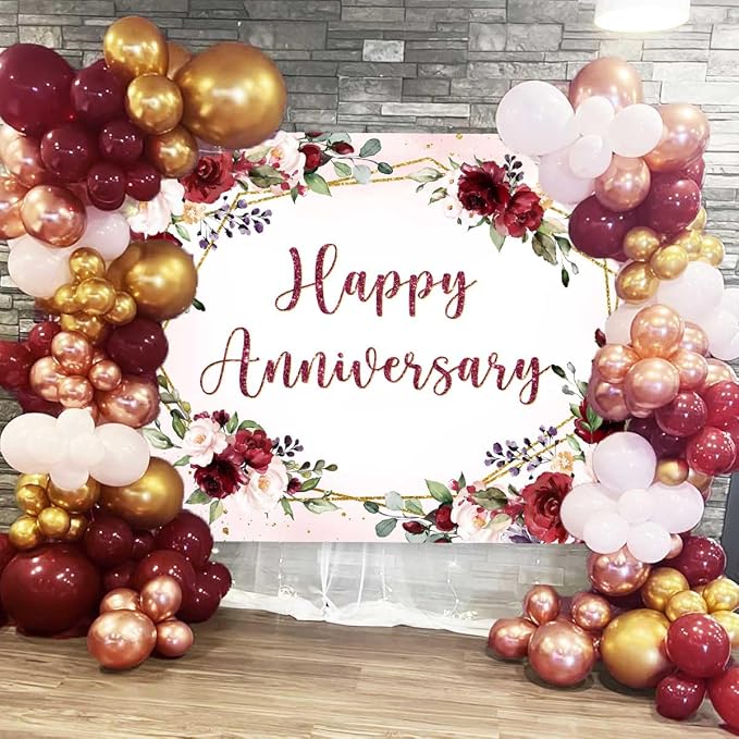 Sensfun Happy Anniversary Backdrop Banner Burgundy Pink Flower Wedding Anniversary Party Decorations Floral Couple Engagement Marriage Day Memorial Party Photography Background Photo Booth Props 7x5ft