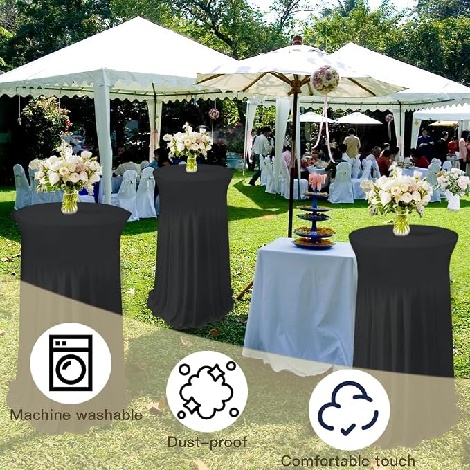5 Pack Round Spandex Cocktail Table Tablecloths with Skirt, 32 x 43 Inch Black Stretch High Top Cocktail Table Covers Table Skirts Stretch Fitted Round Cocktail Table Cloths for Wedding Party Banquet