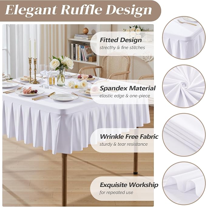 Wish Care 4 Pack White Spandex Tablecloths for 34x34 Inch Square Tables, Stretch Fitted Table Clothes with Pleated Ruffle Skirt for 34” Table, Wrinkle Free and Elastic, for Party Kitchen Home Dining