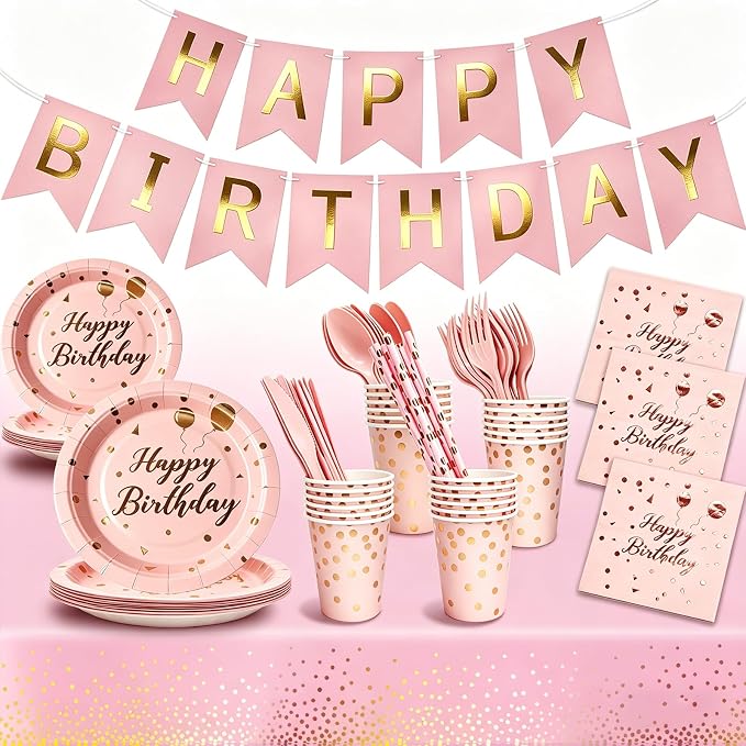 Birthday Decorations Supplies 194 Pcs Pink & Rose Gold Birthday Party Tableware, Includes Paper Dessert Plates and Napkins, Serves 24 for Girls' Sweet 16 Party, Baby Shower, Women's Birthday