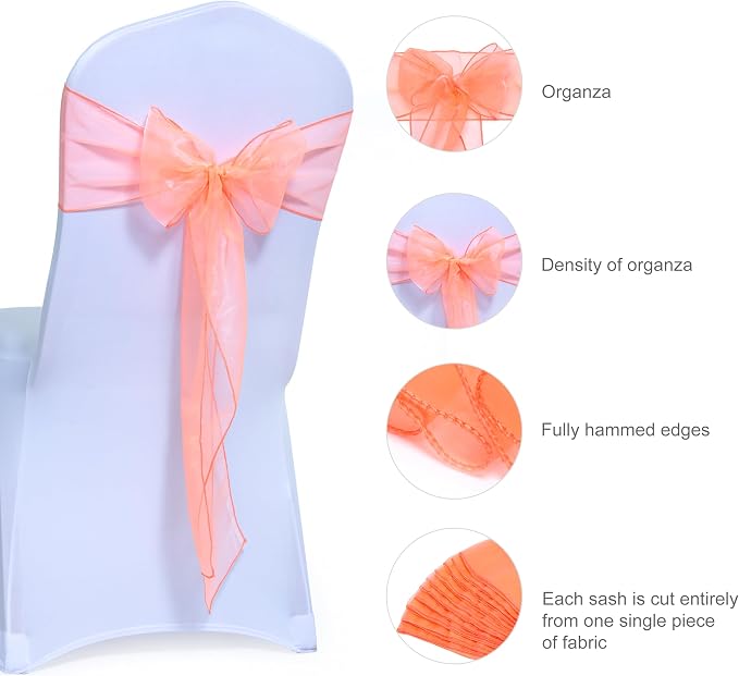 MDS® Pack of 50 Organza Chair Sashes for Wedding Decoration, Reusable Sheer Chair Bows for Banquet Chair Cover, Reception, Bridal Shower, Baby Shower, Birthday Party & Special Events - Light Orange