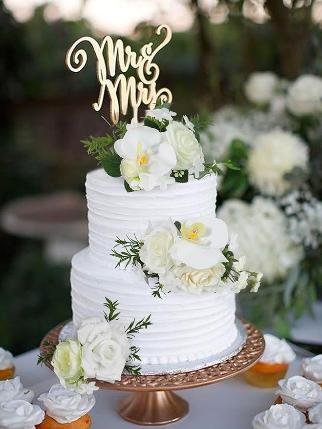 Rinlong 3Pcs Pre-made White Orchid Cake Flowers Cake Toppers Decorations Wedding Cake Decorating Flowers Decor Birthday Baby Shower Party Artificial Flower Cake Topper Flower Arrangements