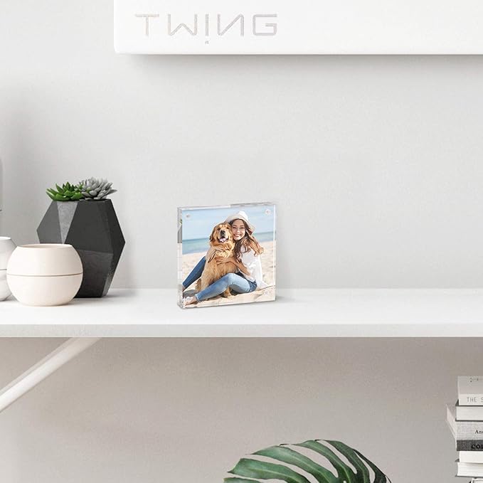 TWING 4x4 Acrylic Picture Frames 2 Pack, 20MM Thick Double Sided Magnetic Clear Photo Frame, HD Frameless Magnetic Photo Frame Display for Desktop Gift Ideal, Cleaning Cloth Included