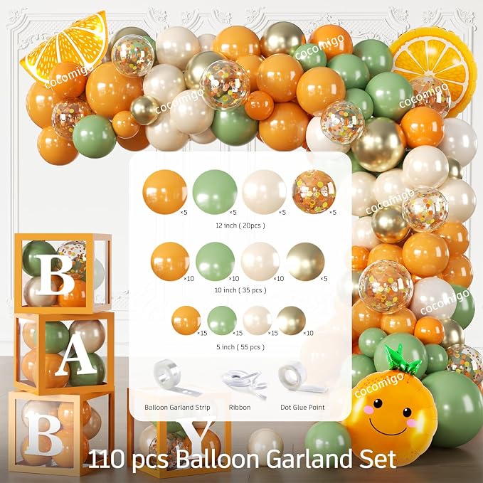 279 PCS A Little Cutie Is On The Way Decorations, All-in-One Orange Baby Shower Party Pack With Balloon, Backdrop, Plates and Napkins, for Little Cutie Baby Shower, Service 25