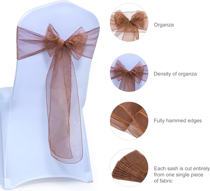 MDS® Pack of 10 Organza Chair Sashes for Wedding Decoration, Reusable Sheer Chair Bows for Banquet Chair Cover, Reception, Bridal Shower, Baby Shower, Birthday Party & Special Events - Coffee