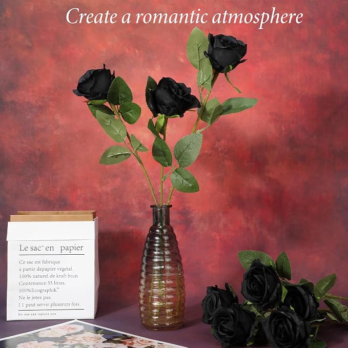 Hotop 20 Pcs Artificial Rose Flowers with Long Stem, Real Lifelike Silk Realistic Plastic Bouquet Roses Bulk for Home Decor Bridal Wedding Party Table Centerpieces Decorations(Black)
