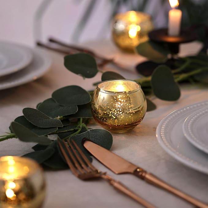 12 Pcs Gold Votive Candle Holders- Gold centerpieces for Tables, Mercury Glass Votives for Wedding, Rehearsal Dinner, Engagement, Birthday Party Decorations