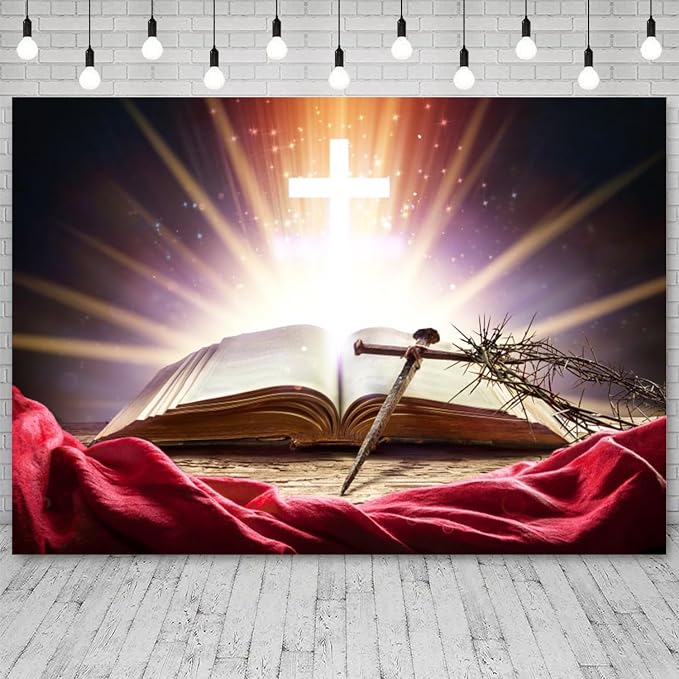 10x8ft Bible Crucifix Backdrop Christian Cross Photography Background Jesus Christ Crown of Thorns Opened Book Church Events Banner Decorations Easter Religious Portrait Photo Booth Prop
