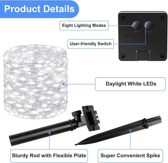 Brightever Solar Powered String Lights Outdoor Waterproof, 4-Pack Total 160FT 400 LED Solar Twinkle Lights with 8 Lighting Modes, Solar Fairy Lights for Fence, Balcony (Daylight White)