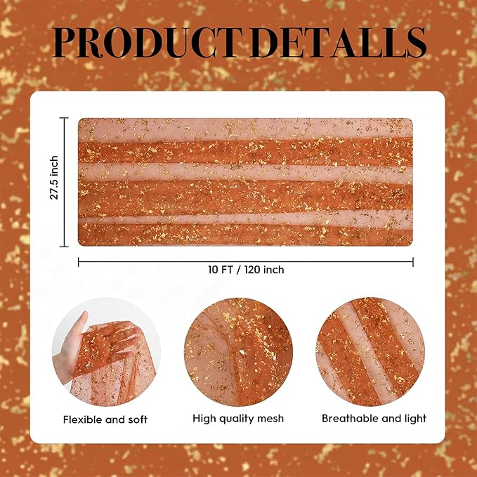Artoid Mode Caramel Gold Gauze Table Runner 120 Inch 10FT, Glitter Metallic Foil Sheer Dining Wedding Anniversary Birthday Table Decor for Home Party