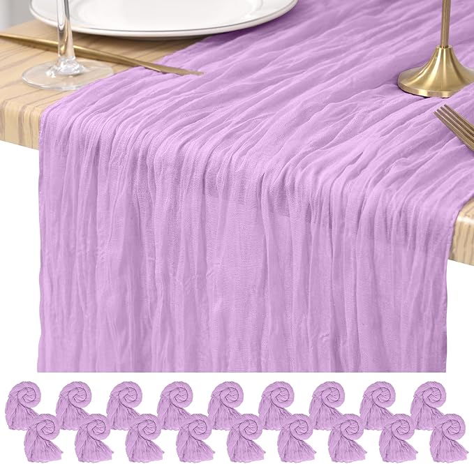 18 Pack Cheesecloth Table Runner Lavender 10Ft Rustic Boho Gauze Table Runner Romantic Long Sheer Fabric Cheesecloth Table Runner for Wedding Festival Birthday Anniversary Dinner Outdoor Events