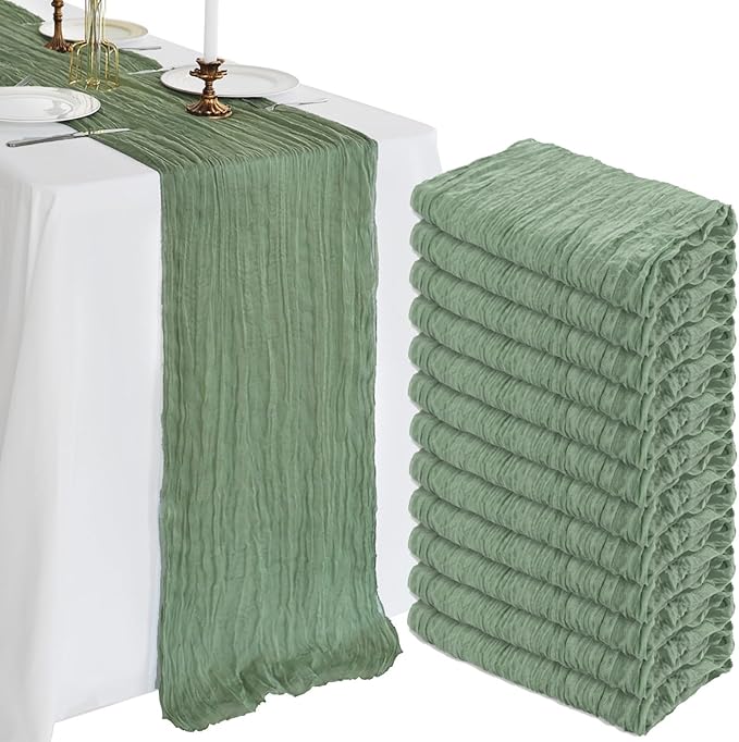 12 Pack 10FT Sage Green Cheesecloth Table Runner 120 Inch Long Gauze Rustic Boho Spring Cheese Cloth Table Runner Sheer Fabric Decorations for Holiday Party Wedding Banquet Bridal Baby Shower Décor
