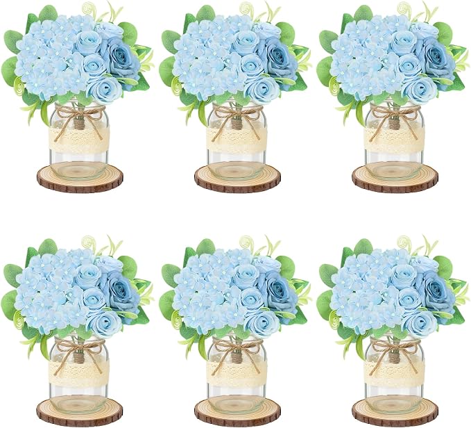 Set 6 Mason Jar Table Centerpiece - Wedding Centerpieces for Tables, Mason Jar Flower Centerpiece Vases Decor- Boho Farmhouse Rustic for Engagement, Bridal Shower, Wedding, Versatile Decor (Blue)