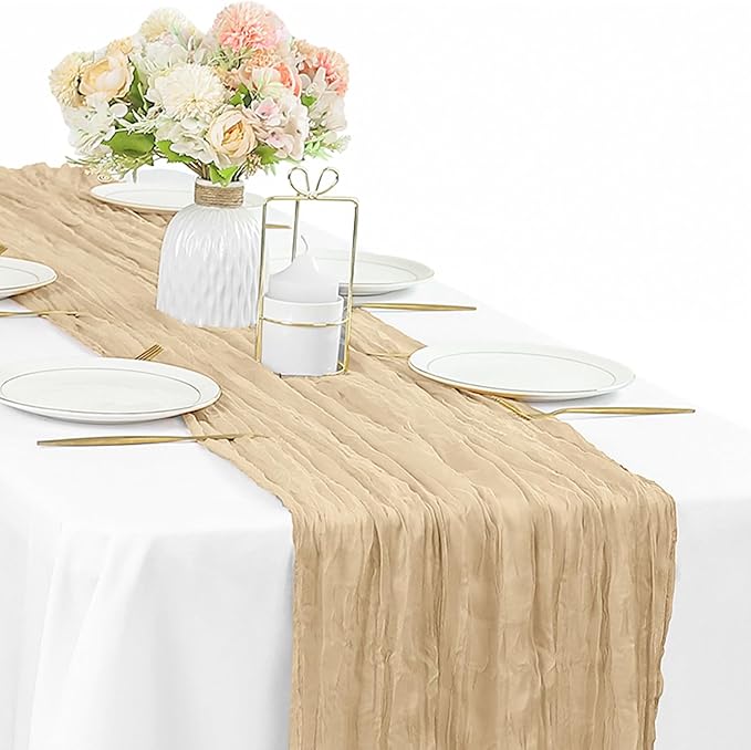 Sand 35 x 120 Inches Long Cheesecloth Table Runner Gauze Fabric 10Ft Boho Table Runner Rustic Sheer Runner for Wedding Baby Bridal Shower Birthday Holiday Party Table Arbor Decor (Sand)