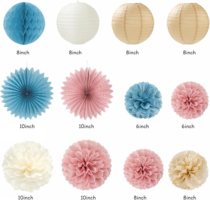 Boy Or Girl Gender-Reveal Party-Decorations - 22pcs Champagne Dusty Blue Blush Pink Backdrop Banner,Neutral Paper Lanterns Streamers,Tissue Pom Poms Flowers Fans Decor Ideas Supplies Hugmoon