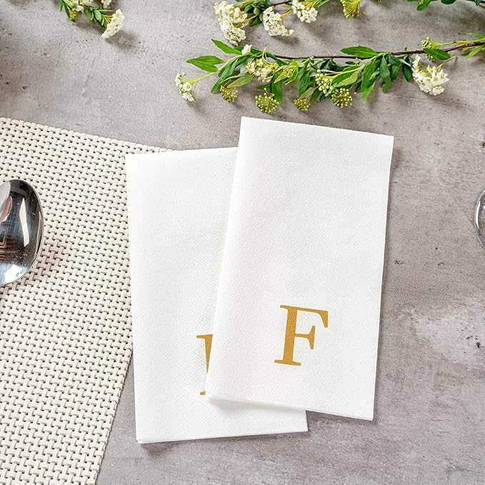 Luxenap 15.8 X 7.9 Inch Linen-Feel Guest Towels, 2000 Lettered Hand Towels - Gold Letter 'F', Sans Serif Font, White Paper Dinner Napkins, airlaid, For Restrooms And Tables - Restaurantware