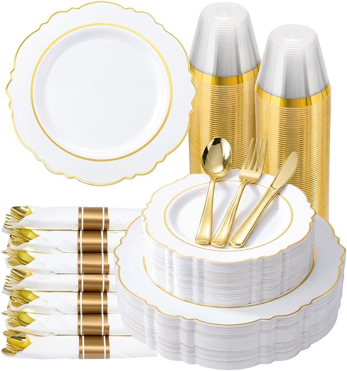 realluck 350 Piece White Gold Plastic Dinnerware Set for 50 Guests Elegant Disposable for Weddings, Parties, 100 Plastic Plates, 50 Pre Rolled Napkins with Silverware, 50 Cups